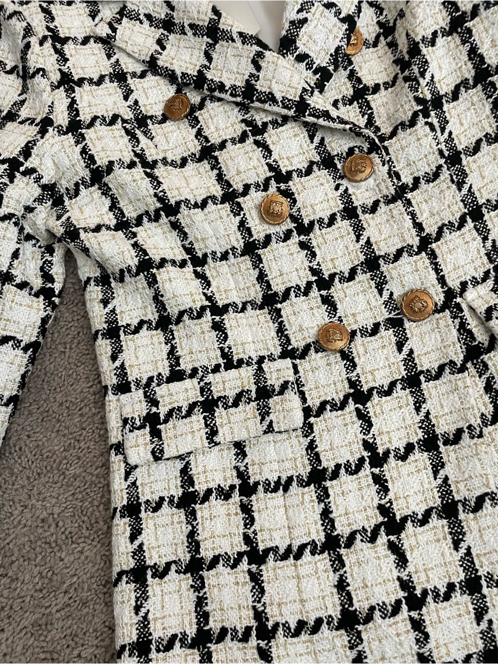 NWT PLM Nordstrom Rack Ivory Black Plaid Tweed Blazer Gold Buttons - Picture 2 of 6
